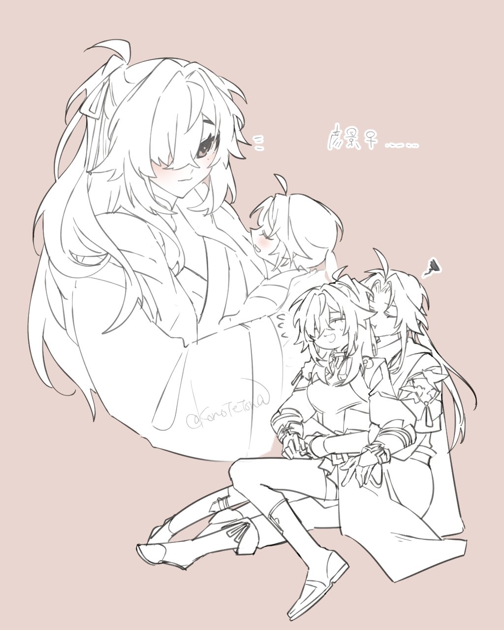 a black and white line art drawing of two anime girls hugging. the girl in the back is wearing a long dress and has her arm around the girl in front who is wearing a short dress and has her arms around the other girl. they are both smiling. the words "早安" are written at the top of the image.