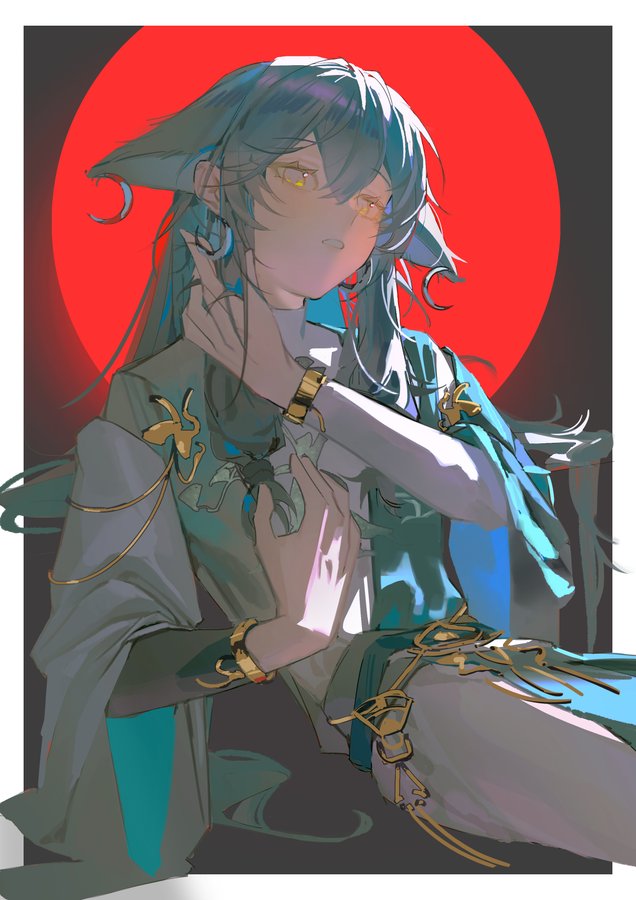 an animestyle male character with fox ears and long, dark teal hair sits against a stark red circle, positioned against a black background. he wears elaborate silver, teal, and gold fantasy garb with numerous accessories. the figure is illuminated from behind by a bright, diffuse light source, which casts dramatic shadows across his form.