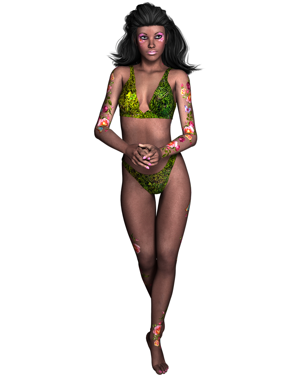 a full body portrait of a darkskinned woman against a black background. she is wearing a green bikini with a floral pattern and has various floral tattoos on her arms, legs, and face. her makeup includes pink eyeshadow and lipstick. she is standing with her hands clasped in front of her.