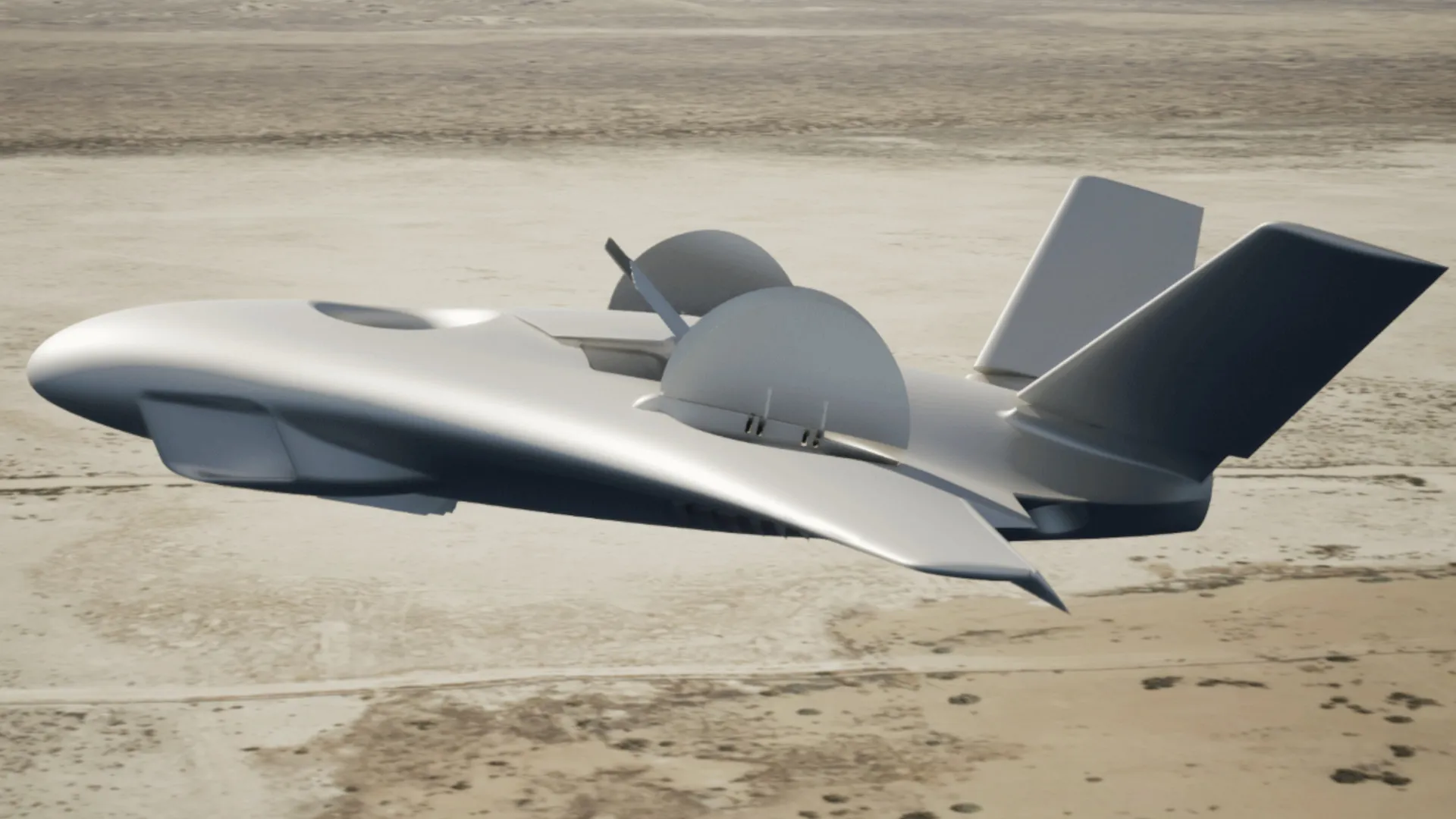 a white, futuristic aircraft flies over a desert landscape. the aircraft has a distinctive design with a large, rounded fuselage and two vertical tails. it is likely a drone or other type of unmanned aerial vehicle. the aircraft is flying low to the ground, and the sand and rocks of the desert can be seen below. the sky is clear and blue.