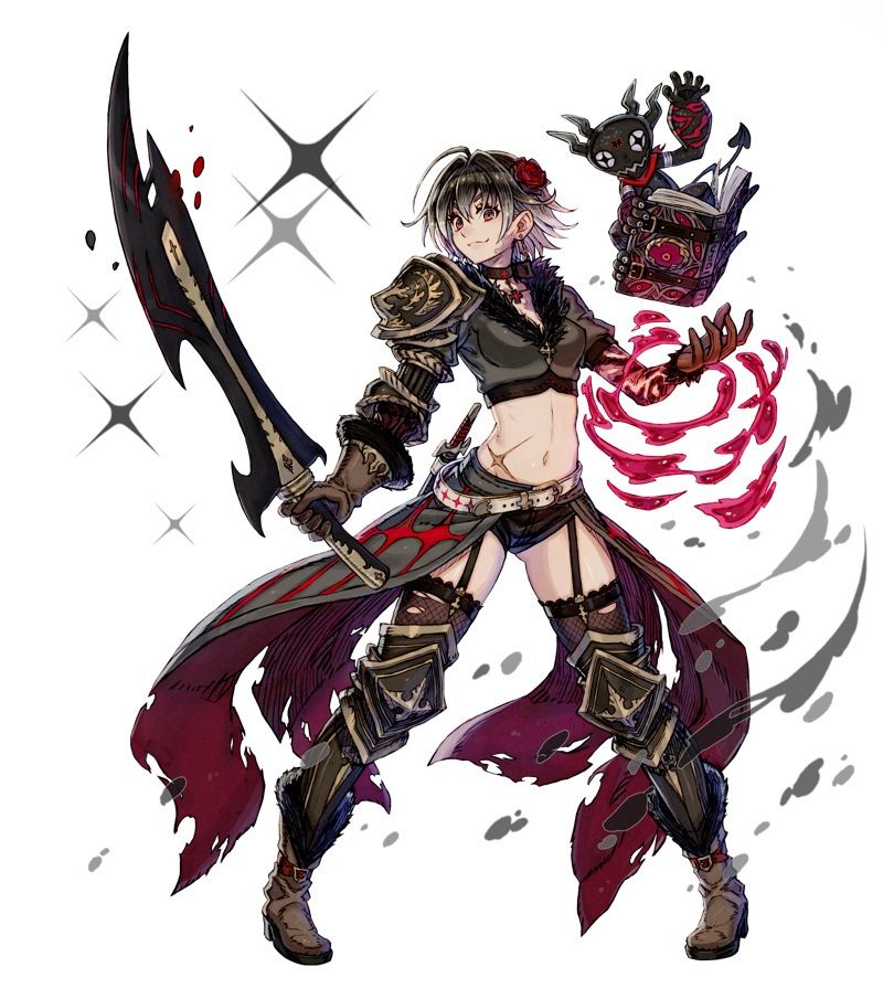 female warrior, clad in dark armor and wielding a large sword, stands poised for battle. her attire, a mix of metal plating and torn fabric, reveals much of her torso and legs. a black, demoniclooking creature perches on a floating book beside her, hinting at her magical prowess. a red, swirling energy emanates from her hand, further emphasizing her magical abilities. the warrior's expression is one of fierce determination, her eyes bright with focus.