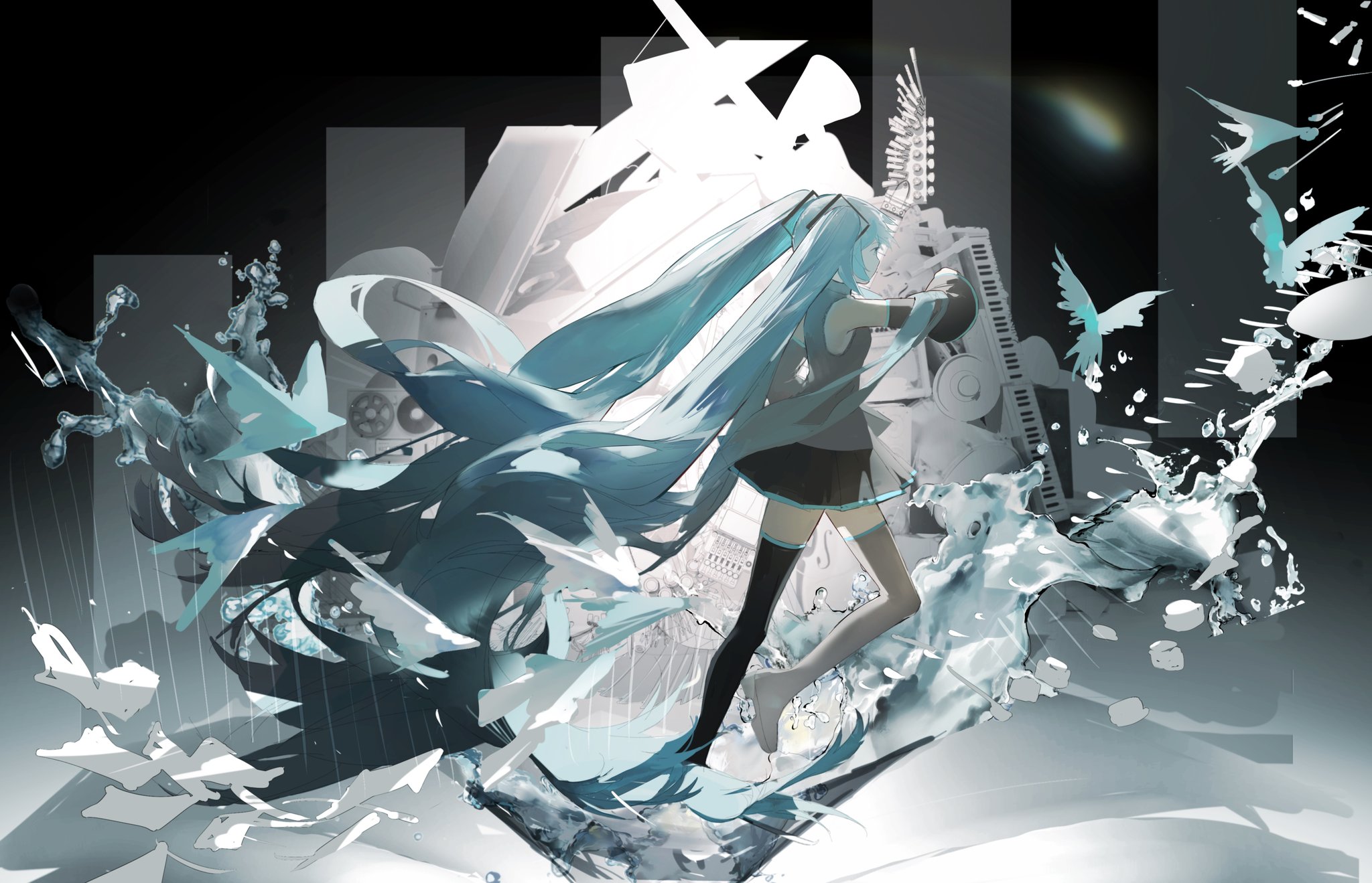 the image is a dynamic and stylized digital illustration of hatsune miku, a popular vocaloid character. she is depicted in motion, surrounded by abstract elements suggestive of water splashes, musical instruments, and futuristic technology.  miku's vibrant teal hair flows dramatically, emphasizing her movement. the overall color palette is cooltoned, with shades of teal, grey, and white contrasting against black backgrounds. the style is a blend of anime and abstract art, creating a visually arresting and energetic piece.