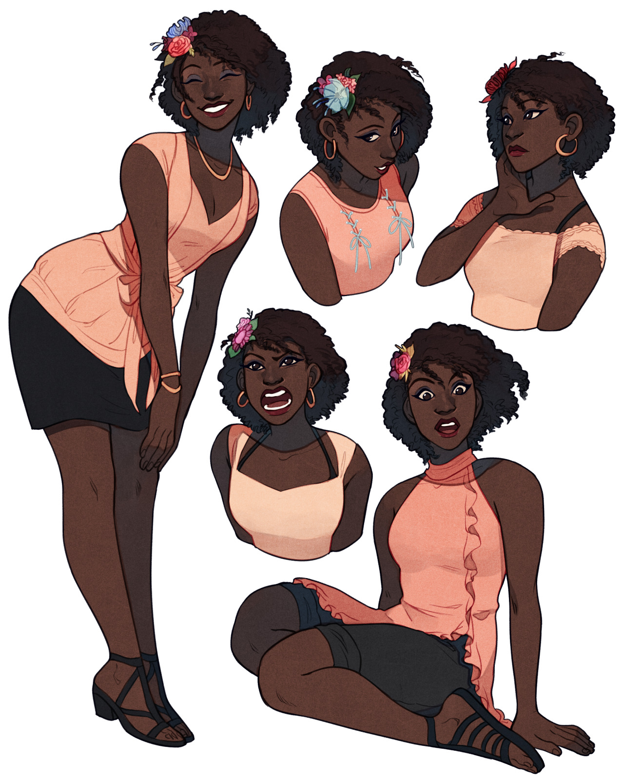 the image showcases a series of drawings featuring the same black woman with a flower crown. the main image portrays her in a standing pose, while four smaller busts highlight different facial expressions. she is wearing a peach top, black skirt, and various accessories.
