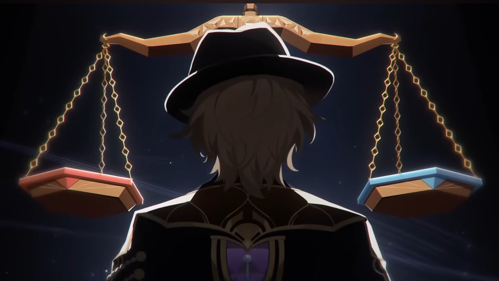 an anime character with a fedora stands with their back to the camera, in front of a pair of scales of justice. the scales are balanced, symbolizing a fair judgment. the character's clothing is dark and mysterious. the background is dark with a faint starry pattern.