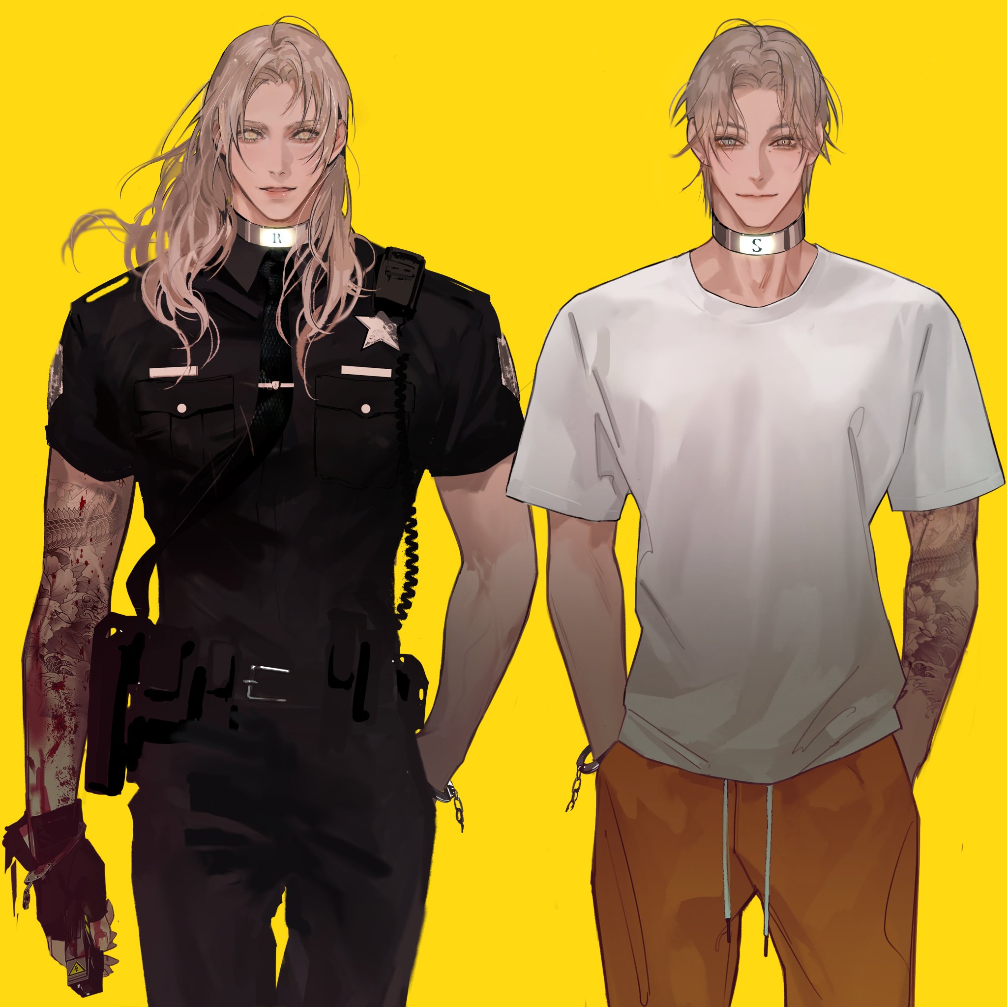this is a digital art illustration of two anime characters in a yellow background. one is a police officer with long white hair, a black uniform, a black belt and a silver collar. the other is a prisoner with short white hair, a white shirt, orange pants, a silver chain around his ankle, and a silver collar. both are handsome. the image shows a story about a police officer and a prisoner.