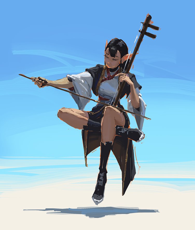 the digital painting showcases a fantasy elflike female character suspended in midair against a bright blue sky and sandy beach. she is playing an erhu, a traditional twostringed chinese musical instrument.  her clothing is a mix of flowing, lightcolored fabrics and darker, more structured pieces.  the painting style is loose and expressive, with visible brushstrokes, creating a sense of movement and energy. the overall mood is whimsical and evocative. the character's expression is serene and focused on her music.
