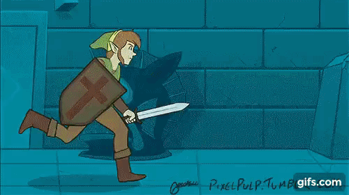 a cartoon animation of link from the legend of zelda video game series running through a dungeon with his sword and shield. the animation is in a pixel art style and features a dark blue and green color scheme. link is running to the right of the frame. he is wearing his iconic green tunic and cap and carrying his sword and shield. he is running past a dark shadowy figure. the dungeon is made up of brick walls. the animation is made in the style of an old video game, reminiscent of classic 8bit games like the original legend of zelda. the animation is fastpaced and actionpacked. it is clear that link is on a mission to defeat the evil that lurks within the dungeon.
