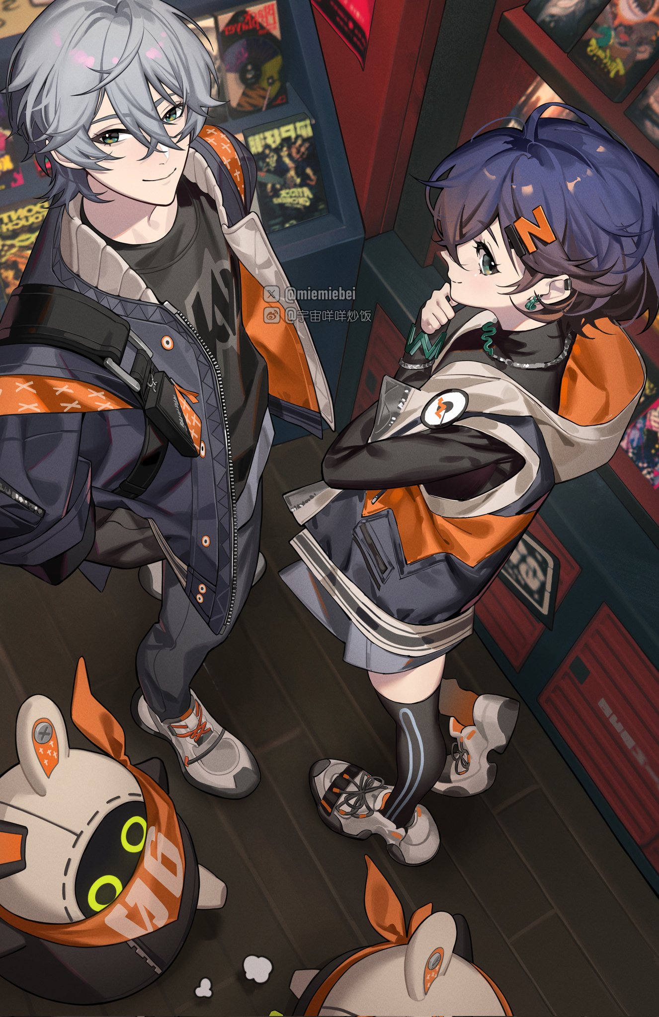 this is a digital illustration of two anime characters, a boy and a girl. they are standing next to each other in a shop. both characters have a casual style, and their clothing has bright colors, including orange, black, white, and blue.