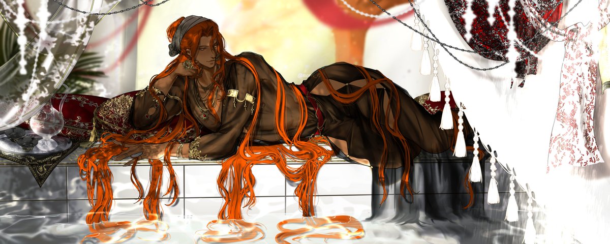 an illustration of a handsome man with long orange hair, wearing a black and gold robe, lounging in a luxurious bath.  he has a thoughtful expression on his face and is adorned with gold jewelry.  the bath is surrounded by ornate decorations and curtains. the image is drawn in a beautiful and detailed style, with vibrant colors and a sense of fantasy.