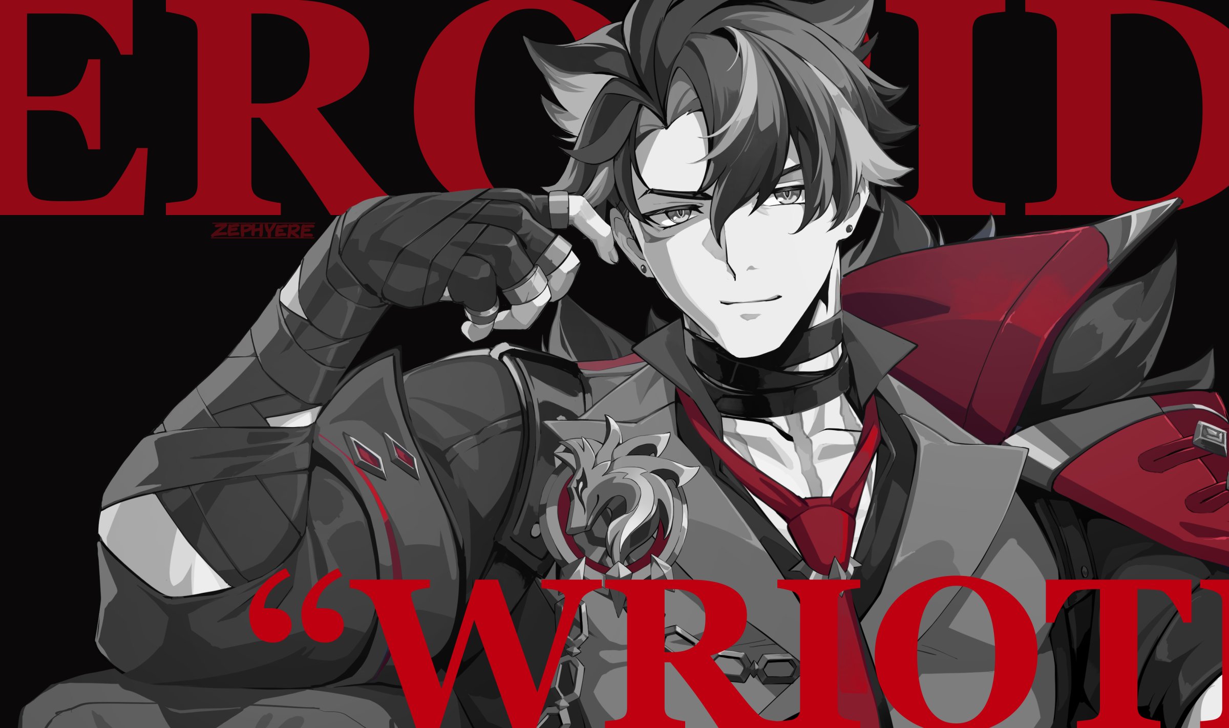 the image is a stylized digital fanart of scaramouche (wanderer) from genshin impact.  the artwork is primarily in grayscale with pops of vibrant red. scaramouche is depicted in a dramatic pose, one hand touching his temple, with a confident and slightly mischievous expression.  he is wearing his characteristic elaborate clothing, including shoulder pauldrons,  a necklace, and a tie, with detailed textures and shading.  the background features bold red text overlayed on the image reading "ero" at the top and ""riot"" at the bottom. the artist's signature "zephyere" is subtly present on the image. the overall style is reminiscent of character art found in anime and video games, with a focus on sharp lines and dynamic composition.