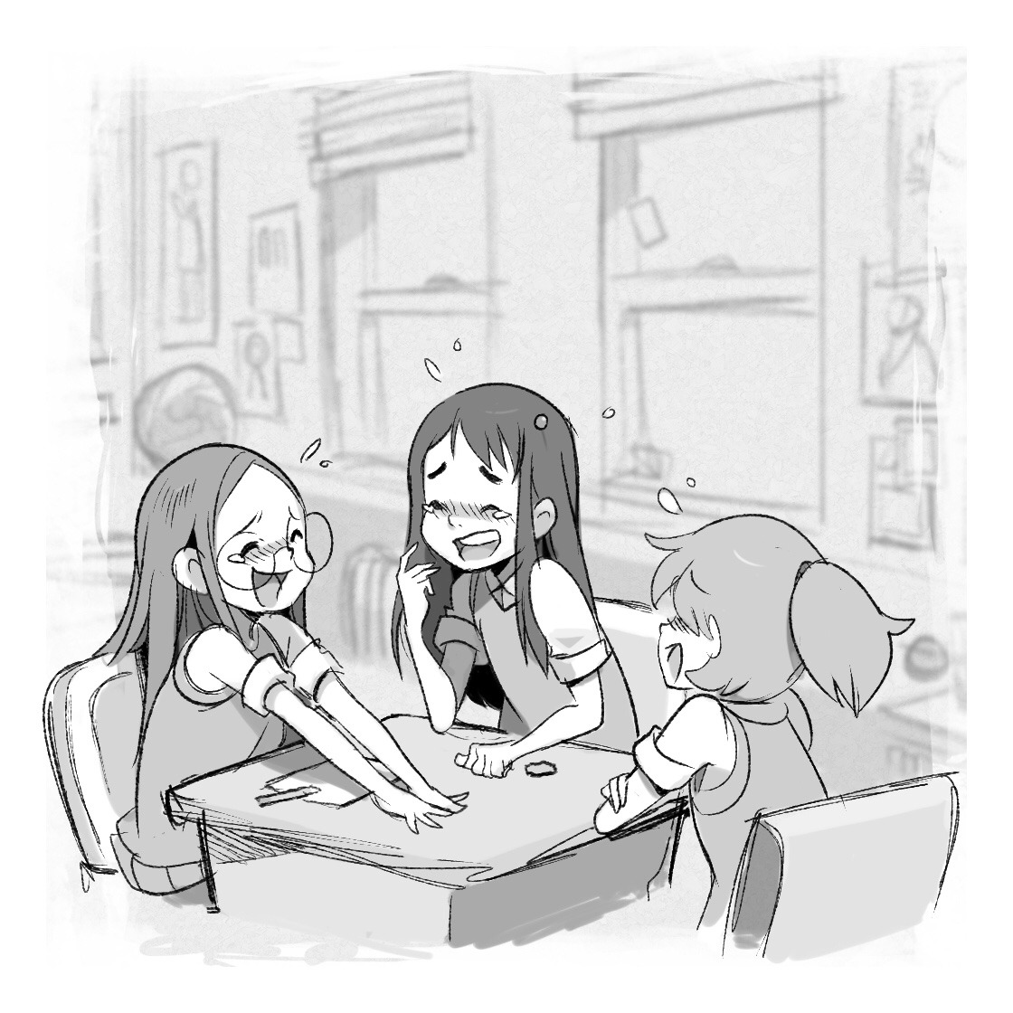 the image shows a black and white sketch of three girls sitting around a desk in a classroom. they are laughing and appear to be having fun. the sketch has a light and airy feel, with soft lighting and simple line work. the girls are all drawn in a cute, cartoonish style.