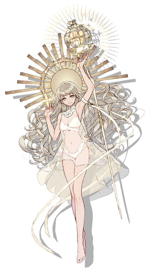 he image showcases an anime girl with long flowing white hair, standing against a black background. she's adorned in a white lingeriestyle outfit.  she holds a staff topped with a celestial sphere, and delicate golden halos encircle her head and the sphere. the lighting suggests a studio setting, emphasizing her ethereal beauty.