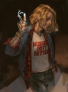 the image portrays a young woman with windswept blonde hair, casting a spell of blue lightning from her hand. she wears a confident smirk and casual attire, including a tshirt boldly stating "nurses do it better." her pose and the overall lighting evoke a sense of power and rebellion.