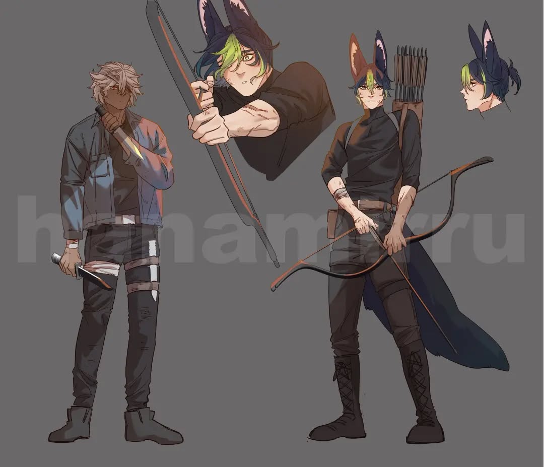 the image showcases a digital character design sheet featuring three variations of a male character.  the central focus is on two fullbody character illustrations: one wielding a bow and arrow, dressed in dark, tactical clothing with wolflike ears and a long, flowing dark cape/tail, and another character holding a knife, wearing more casual clothing and bandages on his leg.  a smaller headshot of an alternate design, this time with catlike ears, is also included.  all characters share similar green highlights in their hair. the art style leans towards anime or manga influences with a touch of realism in the shading and detailing. the background is a simple, neutral grey. the overall mood is dark and somewhat edgy.