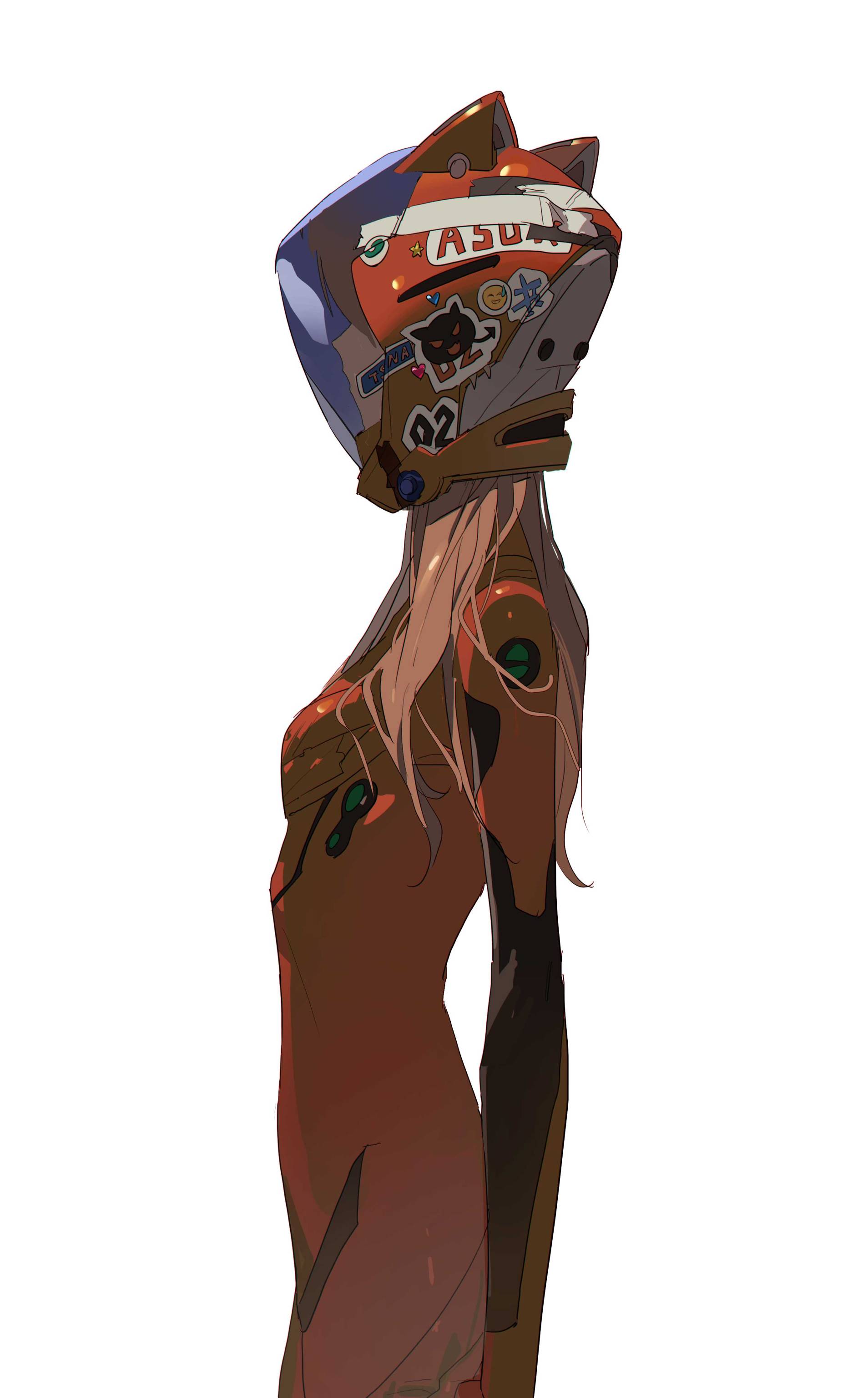a stylized illustration of asuka langley sohryu from neon genesis evangelion. she is wearing her orange and brown plugsuit and a matching helmet with catlike ears and various decals including "asuka" and "02". she is facing slightly away from the viewer.