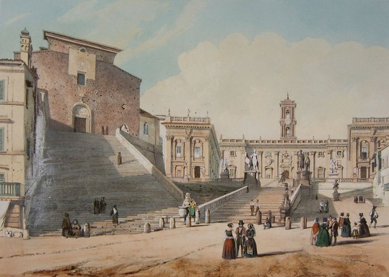 this is a watercolor painting of the piazza del campidoglio on capitoline hill in rome, italy. the painting depicts a large open town square, with the palazzo senatorio in the background, featuring a clock tower. to the left are the palazzo dei conservatori and palazzo nuovo, and a large set of stairs called the cordonata capitoline hill leads up to the square. several statues are visible in the square and on the buildings. numerous people are depicted walking around the square and on the stairs. the style of clothing suggests a historical setting. the overall atmosphere is bright and sunny, with a few clouds in the sky.