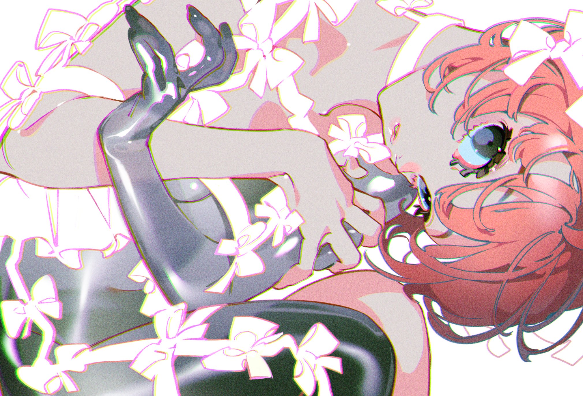 this illustration is of a pinkhaired anime girl. she is wearing a white dress with black and white bows all over it. she is wearing a black glove on her left hand, and