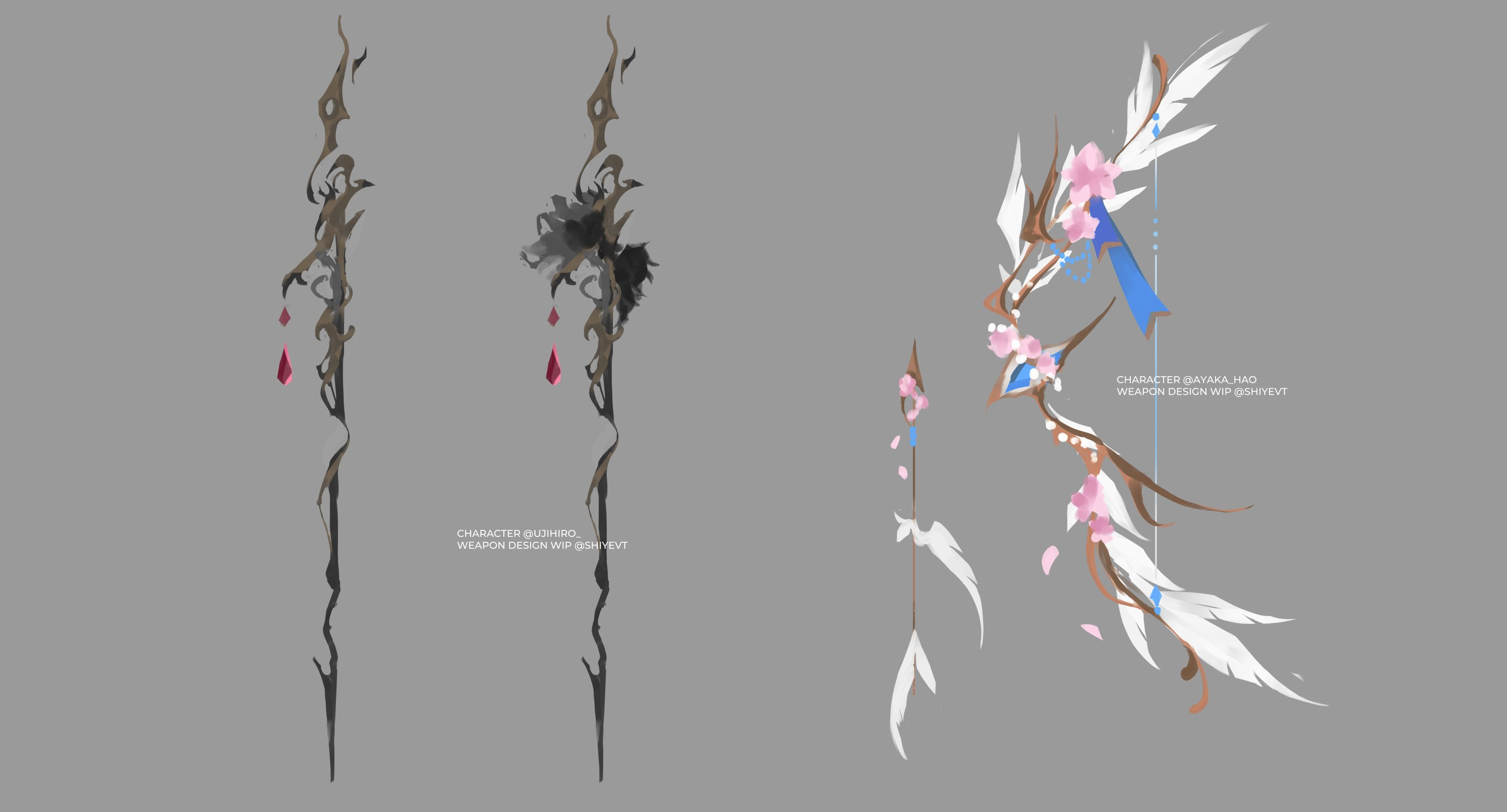 the image showcases concept art for a fantasy bow and arrow. there are three versions of the bow presented: a sketch, a silhouette, and a fully rendered version. the fully rendered bow features white feathers, blooming pink flowers, blue accents, and a wooden core. the accompanying arrow mirrors these details with its blue fletching and blooming flower accents.