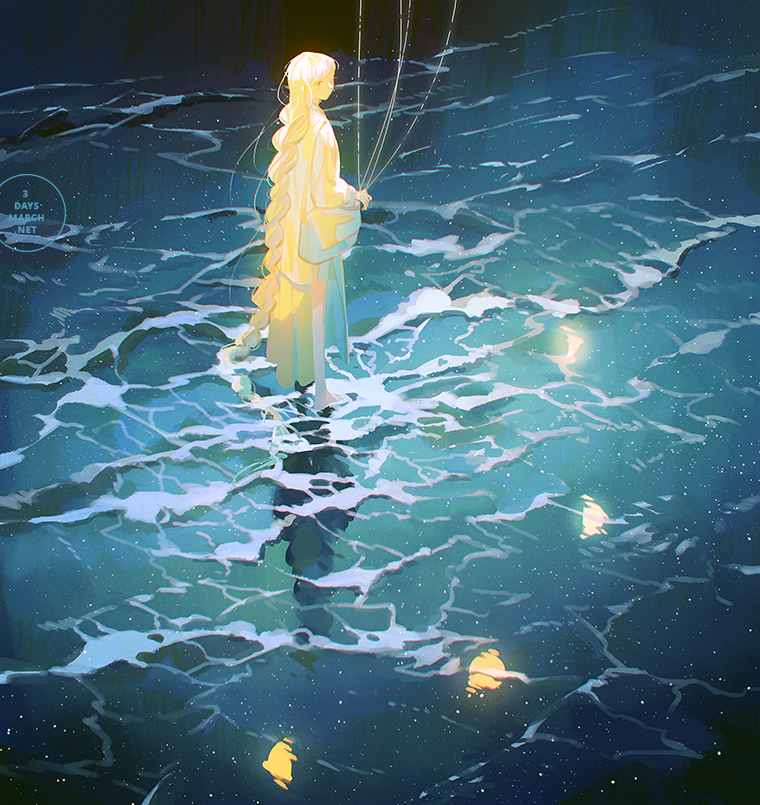 a young woman with long, flowing blonde hair stands kneedeep in a dark, yet luminescent body of water. she is facing away from the viewer and holds three thin, dark lines in her right hand that disappear off the top of the frame. her dress and hair seem to glow with a soft, internal light. the water around her is rippling and reflecting the light of the stars above and a few scattered glowing sparkles within its depths. the overall mood is one of quiet contemplation and solitude.