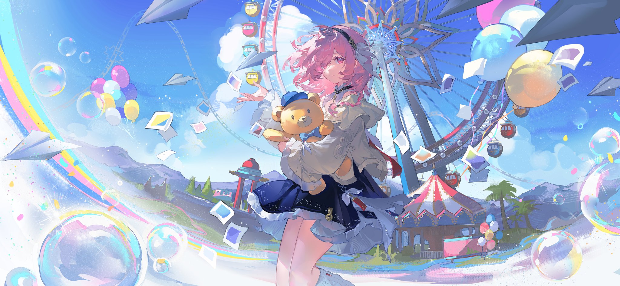 an animestyle illustration features a young girl with pink, curly hair holding a stuffed bear. she is situated in front of a colorful amusement park backdrop, complete with a large ferris wheel, a circus tent, and various buildings. bubbles float in the foreground, and paper airplanes are scattered throughout the scene. a rainbow arches across the sky, which is filled with balloons.