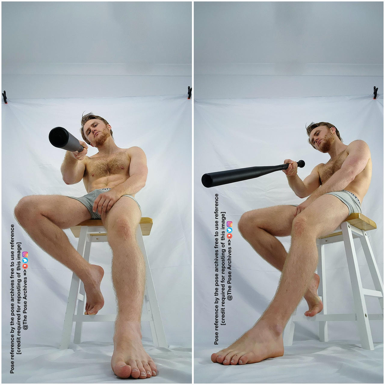 : the image is a studio shot of a muscular man in his underwear, sitting on a stool and holding a black bat. he has a serious expression on his face and is looking directly at the camera. the background is white and the lighting is bright. the image is a pose reference, intended to be used by artists as a guide for drawing or painting.