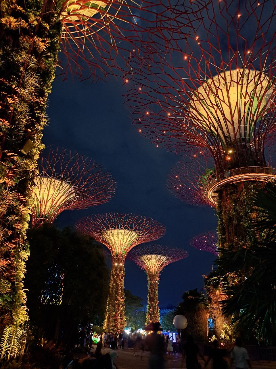 a night shot of the iconic supertrees at gardens by the bay in singapore, illuminated with colorful lights. these futuristic structures are a popular tourist destination, offering a unique and breathtaking view of the city skyline. the photo captures the vibrant energy of the gardens at night, showcasing the beauty of urban design and nature.