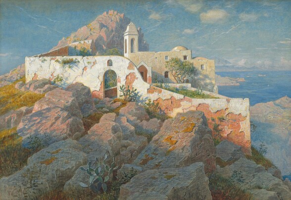 the image is a painting depicting a building, possibly a church or fortress, perched atop a rocky cliff on an island. the building is old and weathered, with cracked white walls and a bell tower. it appears to be in a state of decay. the landscape consists of rugged rocks, sparse vegetation, and a few cacti. in the background, there is a view of the sea, sky, and some clouds. the overall scene is bathed in sunlight, creating a sense of warmth and highlighting the textures of the rocks and buildings.