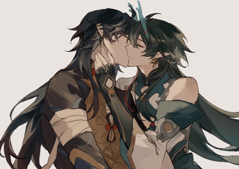 this is a digital art piece that depicts two anime characters, xiao and venti, from the game genshin impact. the characters are kissing, with xiao on the left and venti on the right. they both have long black hair and are dressed in their usual attire from the game. their arms are wrapped around each other as they share a passionate kiss, expressing their love and affection for one another. the art style is soft and romantic, with a gentle focus on the characters' expressions and the intimacy of the moment.