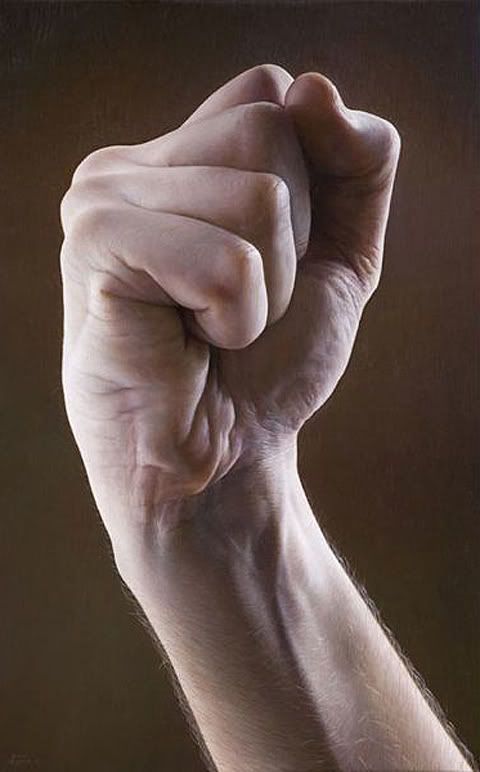 the image is a photorealistic oil painting of a man's hand clenched in a fist against a dark, muted brown background. the hand is painted with incredible detail, capturing the wrinkles, veins, and tendons of the skin. the lighting is soft and directional, coming from the top left, which creates subtle shadows and highlights that enhance the threedimensionality of the hand. the overall tone of the painting is muted and somber.