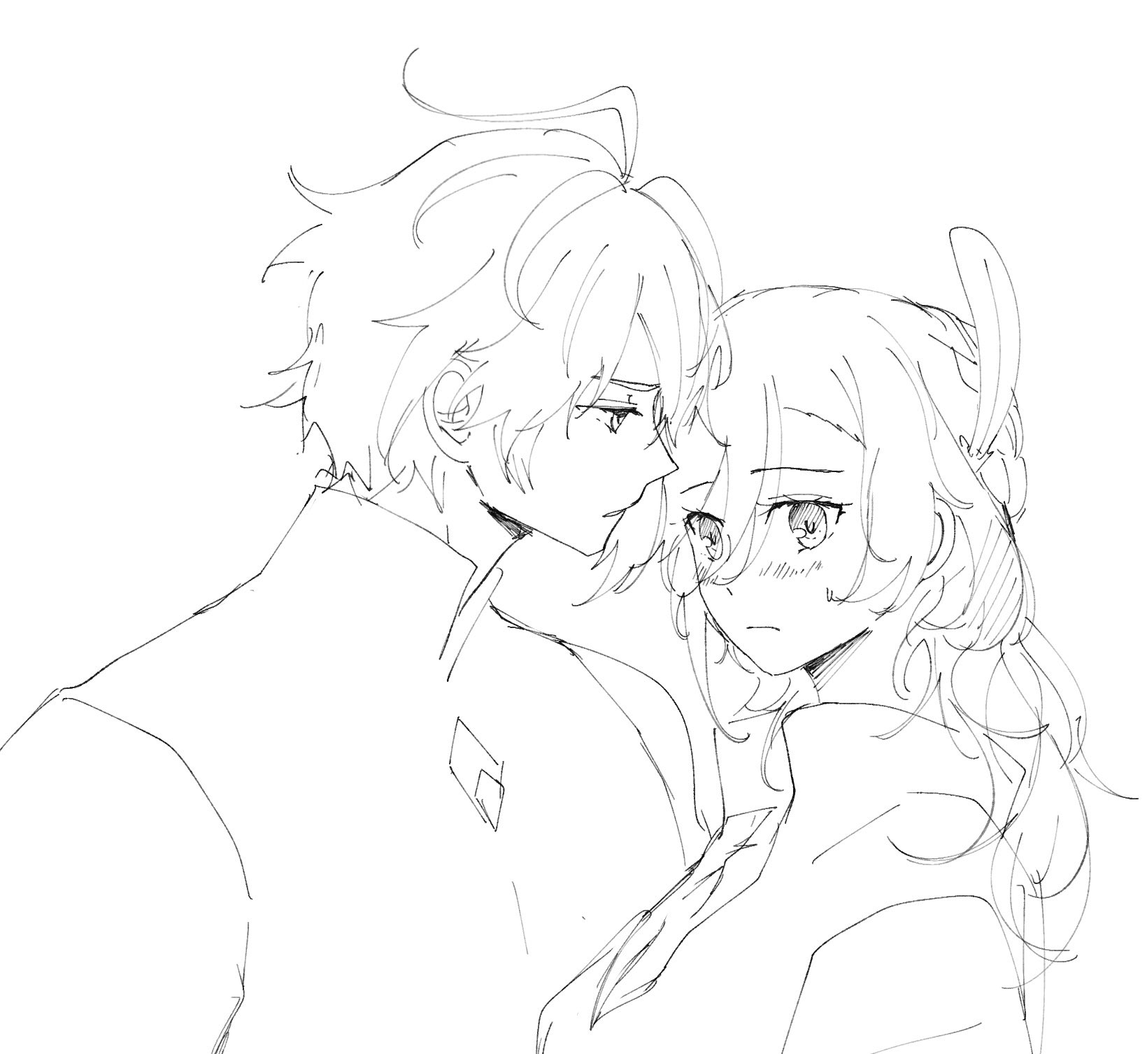 a black and white sketch of a young anime couple, hugging and looking at each other with tenderness. the girl is leaning her head against the boy's shoulder, with a slightly melancholic expression, while the boy is looking at her with gentle affection. the drawing is done in a simple, yet expressive style, with soft lines and a sense of intimacy.