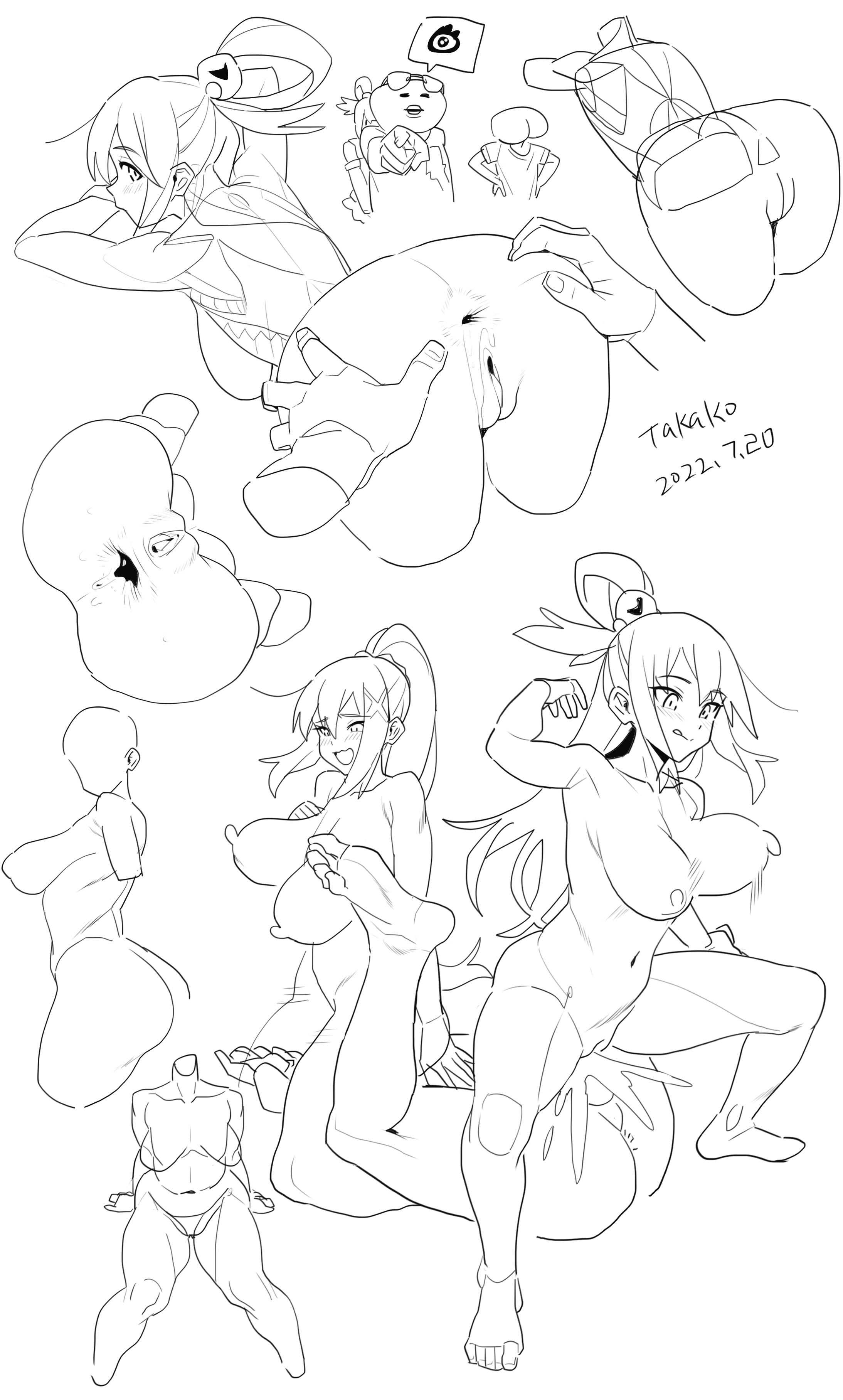 the image is a black and white anime sketch of a woman in various poses. she is nude in some of the poses, with detailed outlines showing her body anatomy, especially breasts, buttocks, and legs. there's a male hand interacting with a buttock in one of the sketches. also present are some smaller, cartoonlike figures. the overall style is detailed yet informal.