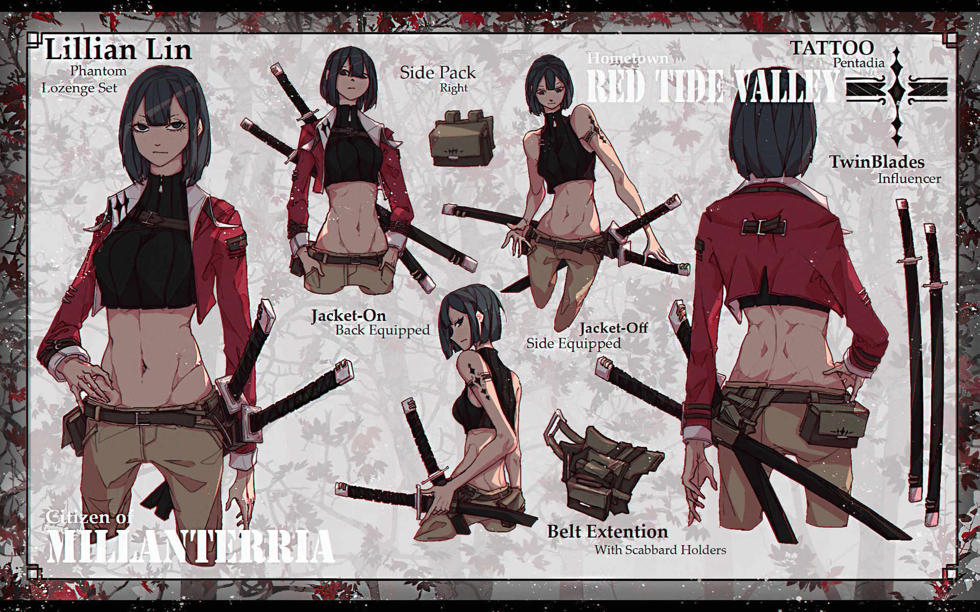 this image showcases the character design of lillian lin, a warrior from the fictional red tide valley. she's shown in various poses with different equipment configurations. notably, she utilizes twin katanas, a belt with scabbard holders, and a side pack. lillian's outfit features a red jacket, black top, and brown pants, reflecting her tough and determined personality.  the image exhibits her combat skills and tactical prowess through her swordsmanship and equipment choices. the illustration uses anime/manga art style, with dynamic poses and captivating details. overall, the image emphasizes her character as a skilled and formidable warrior in a detailed, visually engaging way.