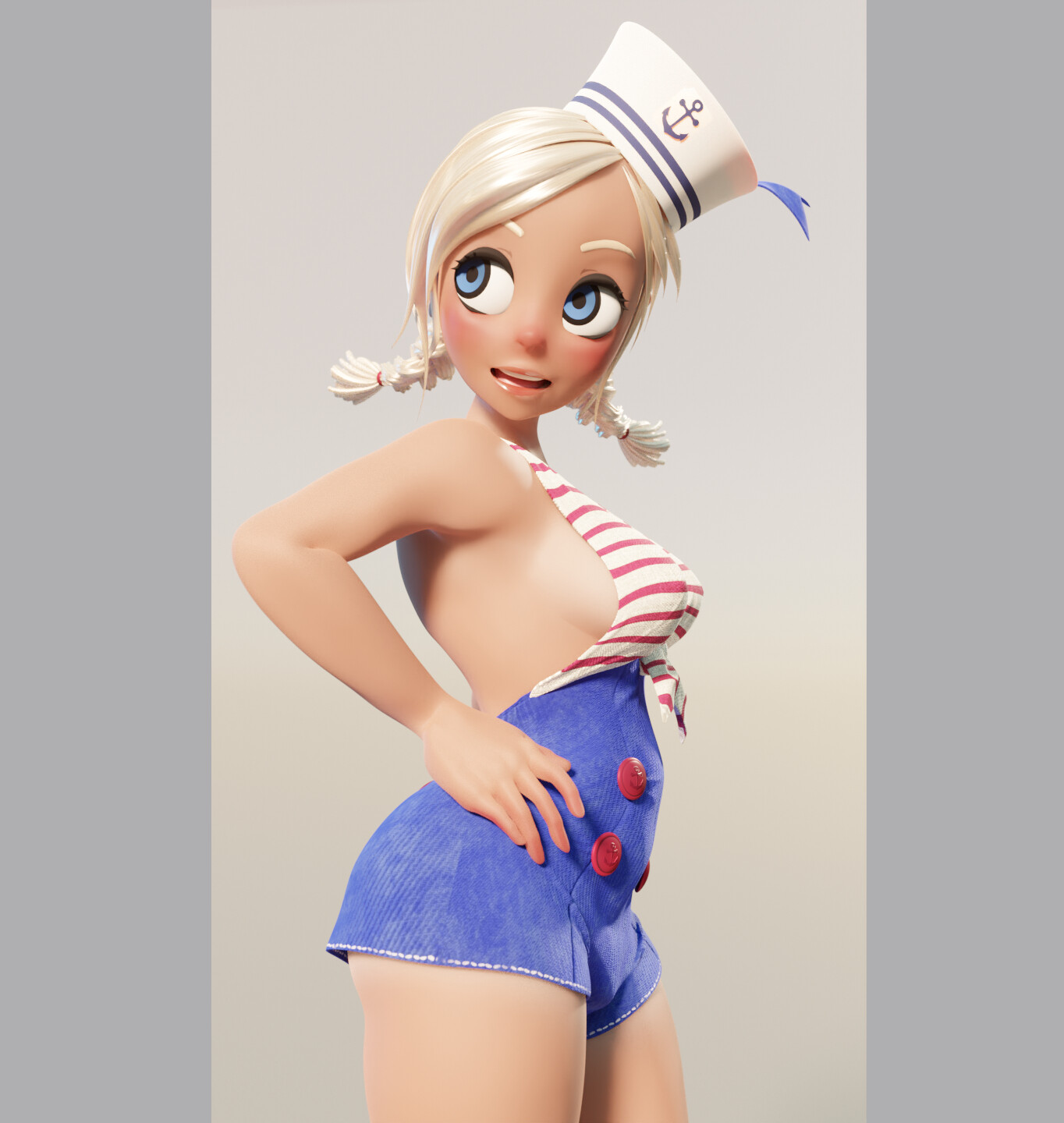 a cartoon girl with blue eyes and a big smile is wearing a red white and blue sailor hat, a blue shorts and a striped top. she looks like she's ready for a summer day of fun.