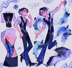 the image showcases a digital illustration of a stylish male character in two poses, surrounded by stylized water elements. he's dressed in an elegant outfit featuring a white shirt, a dark vest, and flared trousers. the artwork uses a soft color palette dominated by shades of blue, enhancing the water theme and creating a dreamy atmosphere. the overall composition is dynamic and eyecatching.
