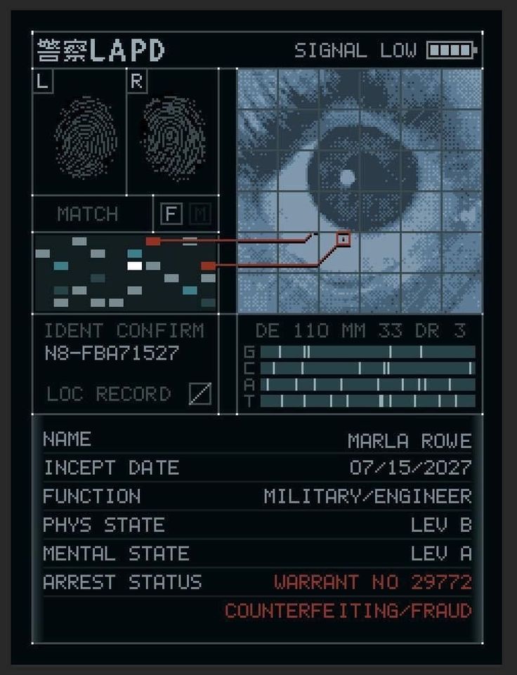 this image is a digital display showing the identity and record of an individual named marla rowe. the display includes visual elements such as fingerprints, an eye scan, and a low signal indicator. the information presented includes her name, incept date, function as military/engineer, physical and mental state levels, warrant number, and arrest status for counterfeiting/fraud.