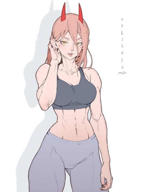 a drawing of a woman with red horns, pink hair, a sports bra, and grey leggings. she appears to be athletic and muscular. the background is white.