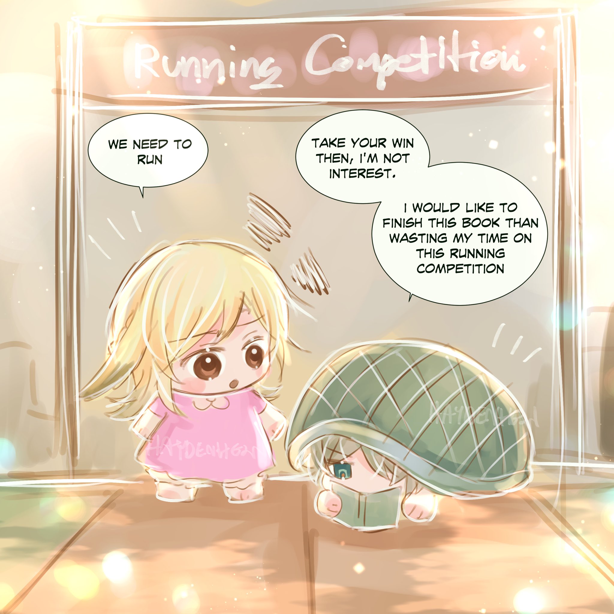the image shows two little girls, one is running in a competition and the other is tired of it and wants to read a book.