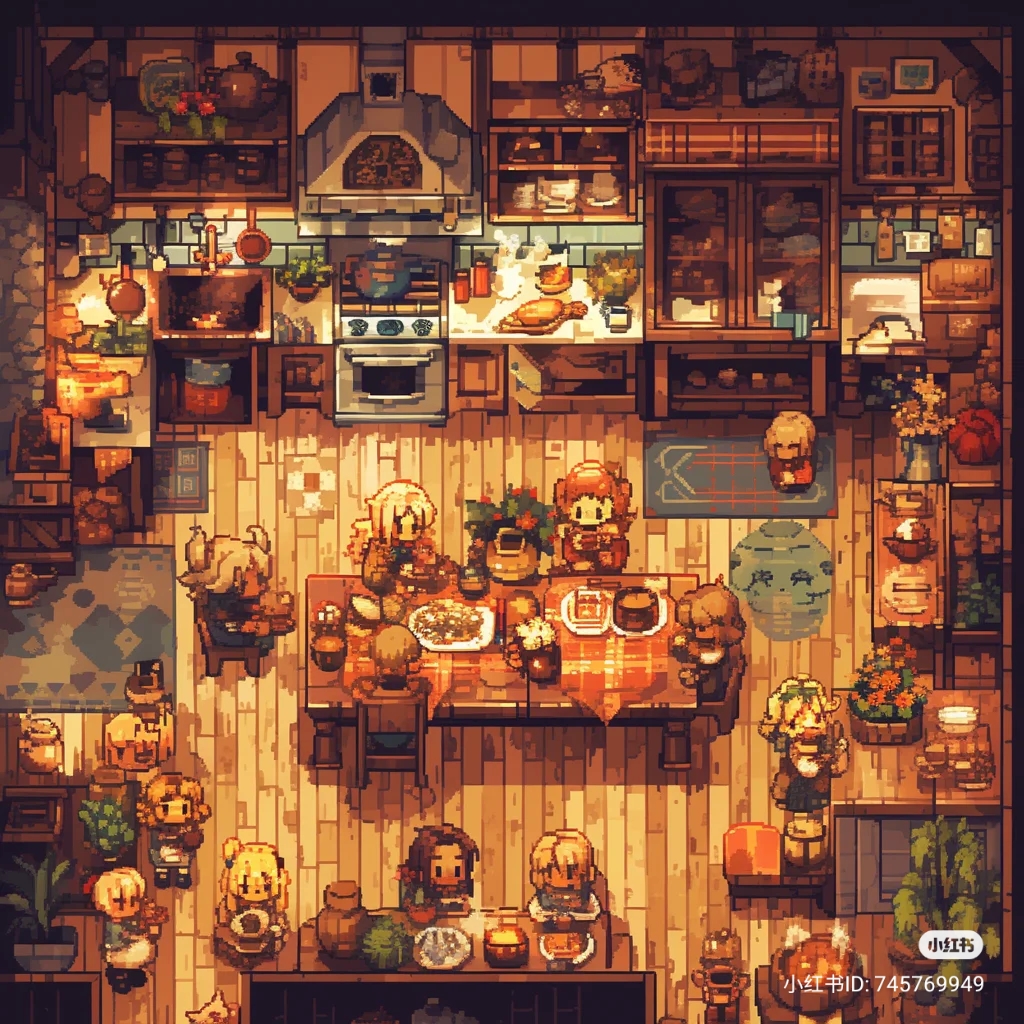 a pixel art depiction of a family gathered for dinner in a cozy kitchen. the warm lighting and overhead perspective create an intimate and inviting atmosphere. the scene evokes feelings of nostalgia and celebrates the joy of sharing a meal with loved ones. the kitchen is filled with details that speak to the family's love of cooking and gathering, from the wellstocked shelves to the overflowing table.  the color palette emphasizes warm browns and oranges, enhancing the cozy ambiance.