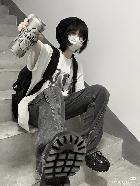 a young woman in a black and white outfit is sitting on a set of concrete stairs. she is holding up a can of beer in her right hand. she is wearing a black beanie, a white graphic tshirt, baggy gray jeans, and black platform shoes. she has a black backpack slung over one shoulder and is wearing a white face mask. the image has a black and white filter applied, giving it a grunge aesthetic.