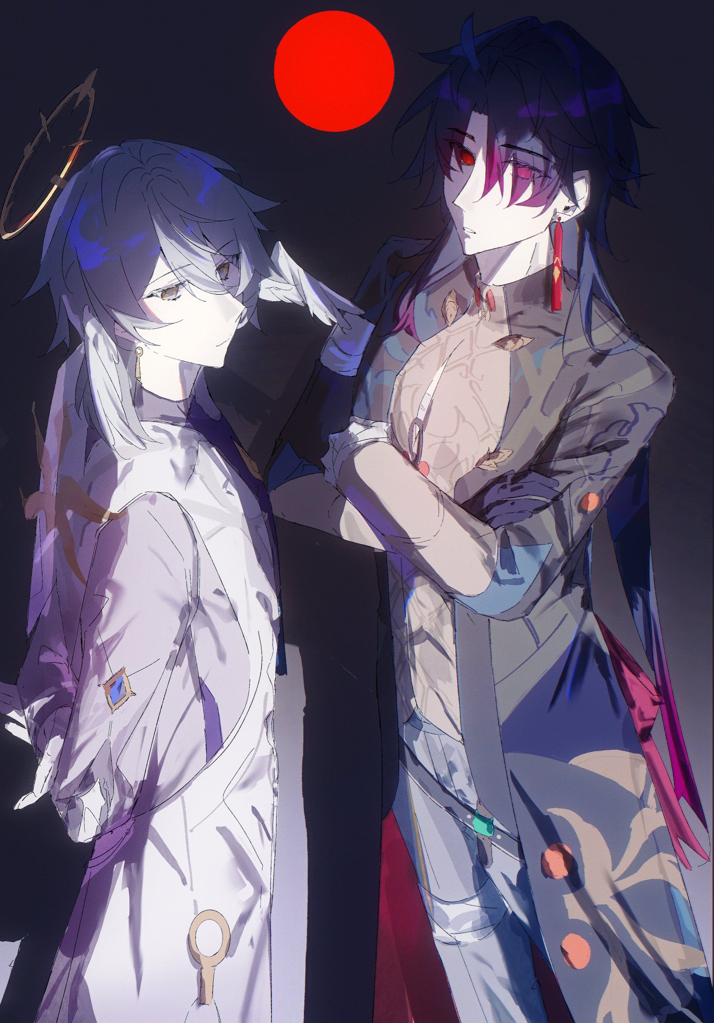 this is an anime style illustration of two male characters standing side by side. the character on the left has white hair, a halo, and is wearing a white coat with a purple scarf. the character on the right has long black hair and red eyes. he is wearing a grey coat with a red collar and a red earring. the background is dark with a red circle in the top center.