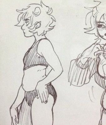 a handdrawn sketch of two girls. the girl on the left is wearing a sports bra and shorts. she is standing with her right hand on her hip and her left hand at her side. the girl on the right is wearing a similar outfit, but her hair is pulled back in a ponytail. she has her right hand in front of her and is holding a bag. the two girls are facing towards the viewer.