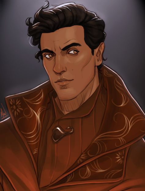 the image is a digital painting or illustration of a male character portrait. the style is reminiscent of fantasy art, with a focus on detail and rich colors. the character has dark hair styled neatly, brown eyes, and a serious, almost pensive expression. he's wearing a long, dark reddishbrown coat with intricate gold embroidery or detailing along the collar and lapels. the coat is highcollared, and a small, dark ornament is visible on his chest. the background is a muted dark graybrown, drawing attention to the character. the overall mood is sophisticated and slightly mysterious. the artist has skillfully rendered the texture of both the clothing and the character's skin, making it a compelling and detailed work.