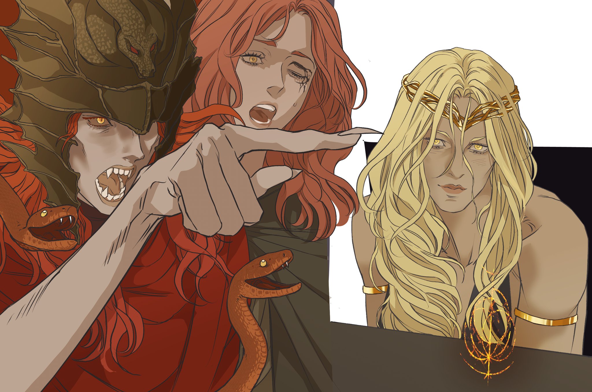 this is a fan art of characters from the video game elden ring redrawn in the style of the woman yelling at a cat meme. rykard, lord of blasphemy is the yelling figure on the left, his consort tanith is yelling and pointing, and ranni the witch is at the table.