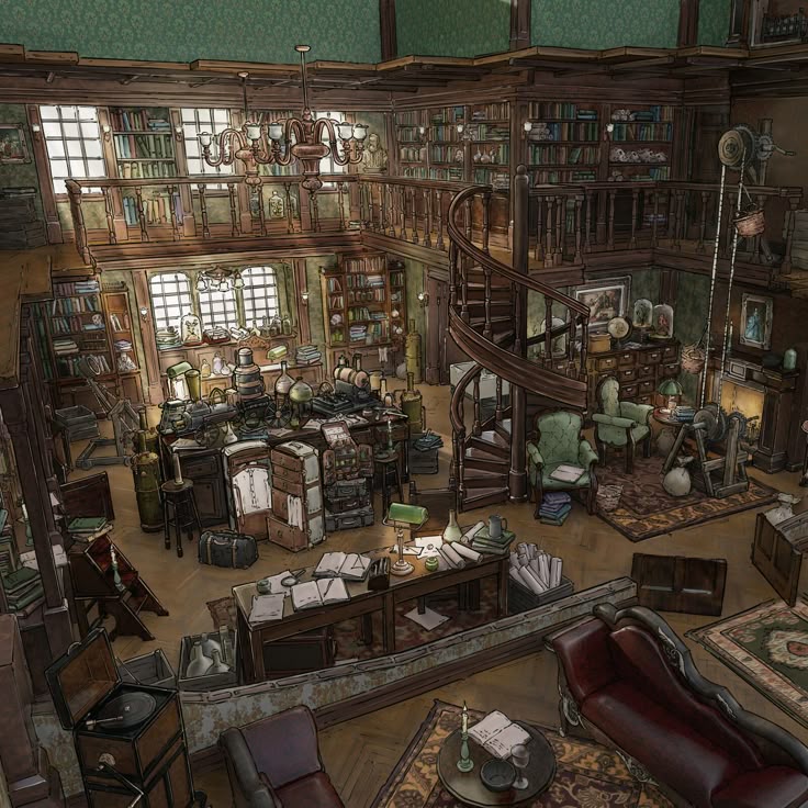 this is a detailed illustration of a twostory library or study with a vintage, slightly steampunk aesthetic. the room is packed with bookshelves filled with books, scientific instruments, globes, and various other objects. a spiral staircase connects the two floors. desks and furniture are scattered throughout, along with a fireplace and a phonograph. the illustration conveys a sense of mystery, academia, and coziness. the scene is rendered in a cartoon style with rich detail and a slightly dim, atmospheric lighting.