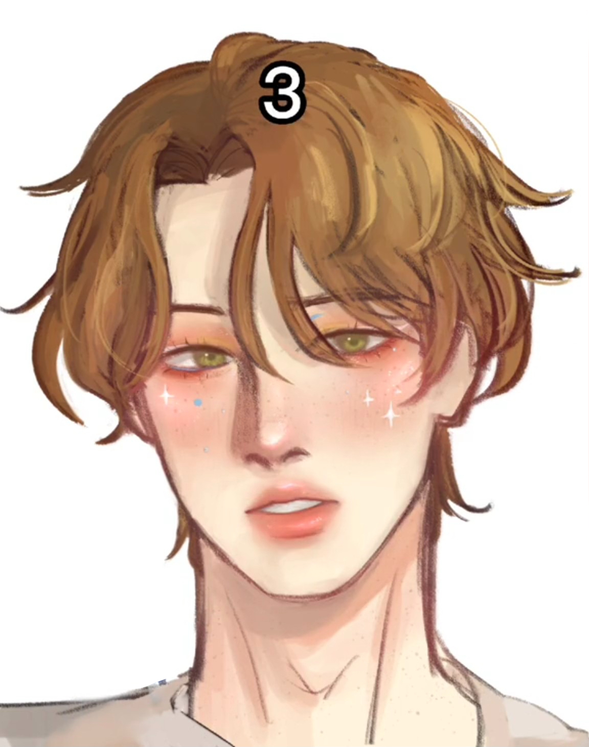 this is a digital illustration of a young man with short, brown hair and freckles. he is shown from the shoulders up and is looking directly at the viewer. the illustration has soft lighting and a warm color palette.