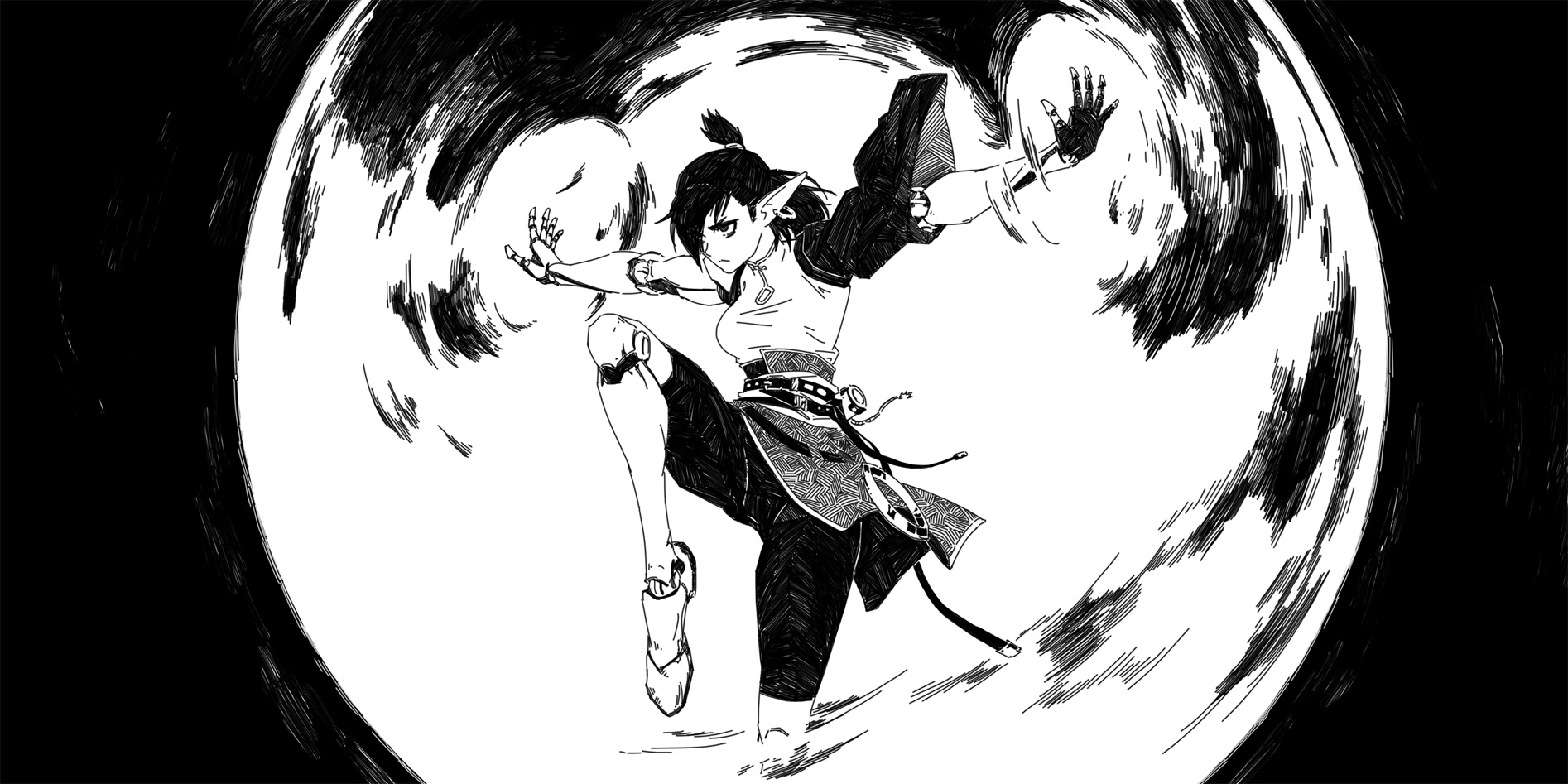 the image is a dynamic black and white illustration of an animestyle female character in midaction. she appears to be executing a martial arts move, with her body contorted in a powerful pose.  her clothing is detailed, suggesting a traditional or fantasy setting. the background is a swirling, energetic pattern that enhances the sense of motion and power. the art style is reminiscent of ink drawings or manga, with strong lines and expressive shading.  the overall effect is one of intense action and energy.