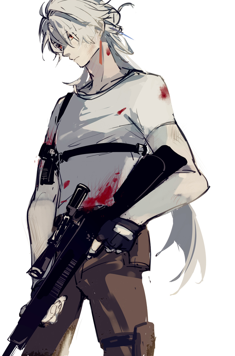 this is a digital illustration of a male anime character with white hair. he is wearing a white shirt and brown pants. he has blood on his shirt and a scar on his cheek, suggesting he is a warrior who has been in a battle. he is holding a rifle and looks very serious.