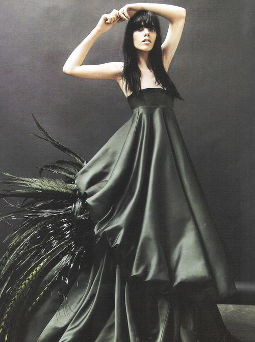 a woman in a black gown poses elegantly with one hand raised above her head in a studio setting. her gown is a deep black color and is adorned with black feathers on the skirt. she appears to be posed for a highfashion photoshoot. the image is dark and atmospheric, creating a sense of glamour and elegance.