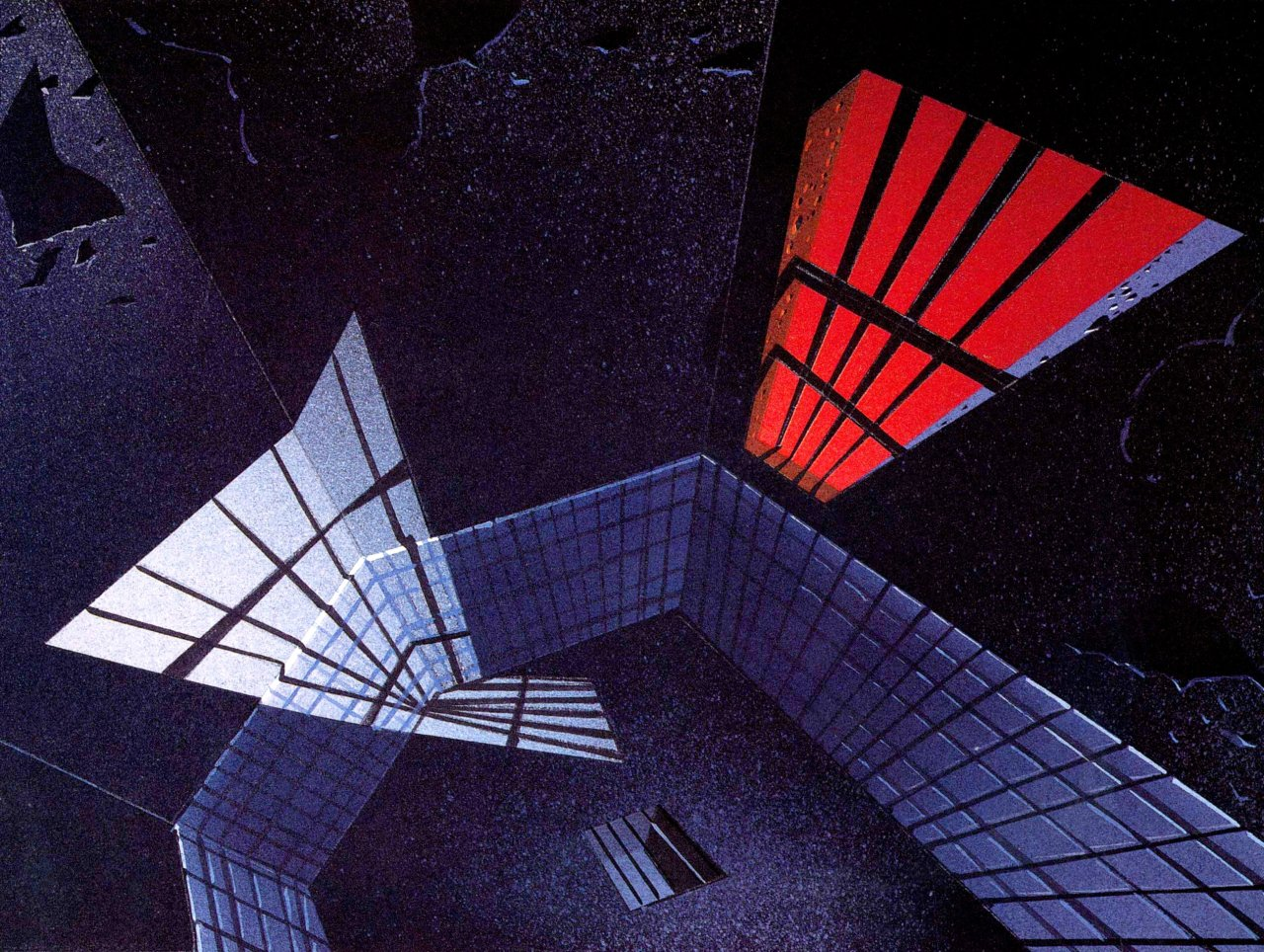 this digital illustration depicts a very geometric and abstract view of a building's exterior. multiple windows are visible on different planes, creating a sense of disorientation and depth. the dark color palette and sharp angles contribute to the overall feeling of unease.