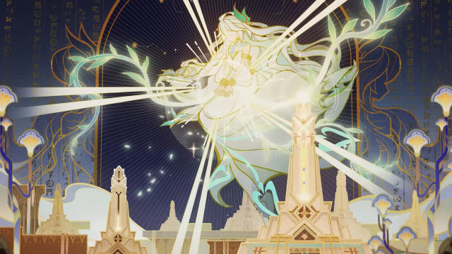 the image depicts a fantastical scene with a glowing, ethereal figure at its center. this figure, with flowing white hair and a white dress, appears to be an angel or some other divine being, surrounded by a burst of radiant light. the angel is positioned in front of a background of a celestial, cloudy sky. the sky is dotted with golden light, creating a celestial atmosphere. the image also features intricate golden buildings with ornate details, suggesting a sacred or mystical location. the scene is filled with a sense of wonder, magic, and divine power.